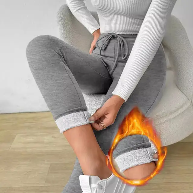 Women's Autumn And Winter Solid Color With Fur Drawstring Tight And Warm High Waist Outerwear Leggings Gray - Shop at LoveMi