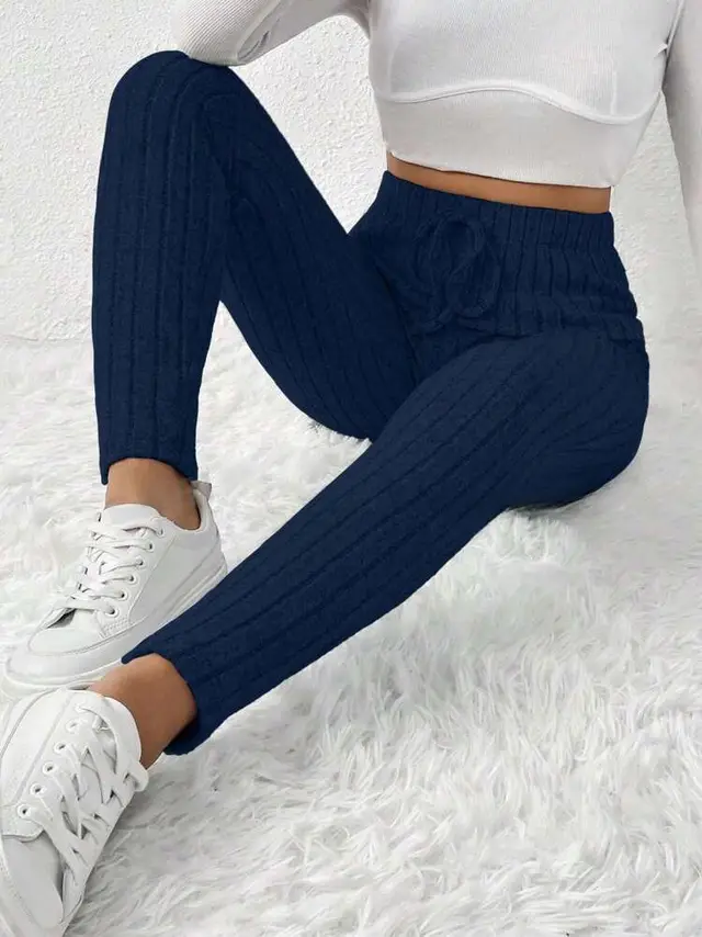 Women's Autumn And Winter Solid Color With Fur Drawstring Tight And Warm High Waist Outerwear Leggings Navy Blue 2 - Shop at LoveMi