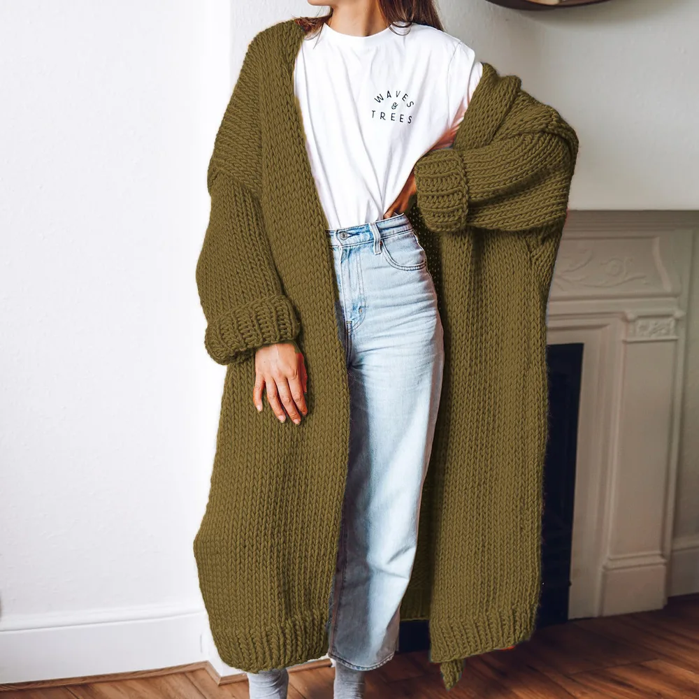 Long Solid Color Plus Size Loose Cardigan Sweater Coat Green - Shop at LoveMi