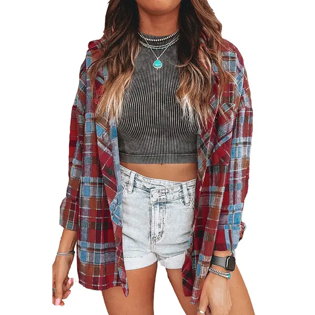 European And American Loose Casual Style Single Row Multi buckle Plaid Shirt For Women Lc2555262P322 - Shop at LoveMi