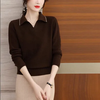 Spring And Autumn New Polo Collar Top Western Style Fashion Sweater Coffee - Shop at LoveMi