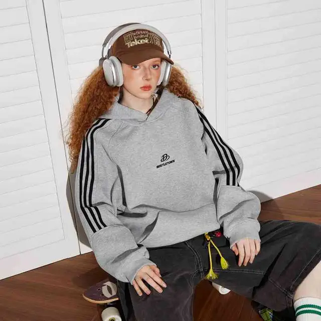 Retro Sports Raglan Striped Hooded Sweater For Women Grey - Shop at LoveMi