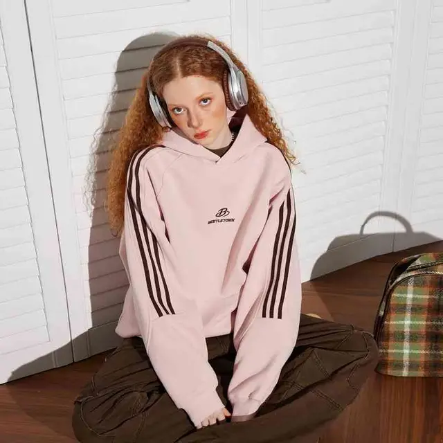Retro Sports Raglan Striped Hooded Sweater For Women Pink - Shop at LoveMi