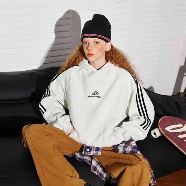 Retro Sports Raglan Striped Hooded Sweater For Women White Flower Gray - Shop at LoveMi