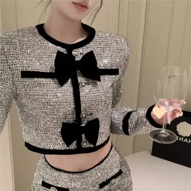 Classic Style Bow Round Neck Long Sleeve Coat Skirt Two piece Suit Bow Top - Shop at LoveMi