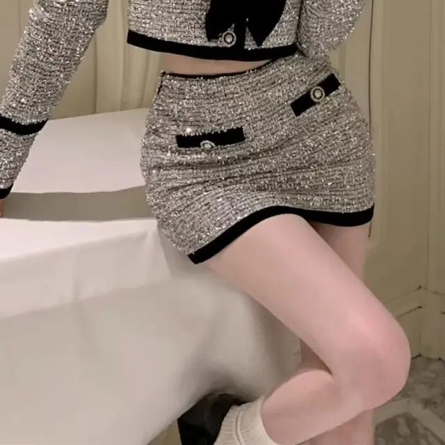 Classic Style Bow Round Neck Long Sleeve Coat Skirt Two piece Suit Skirt - Shop at LoveMi