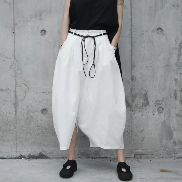 White Cotton Linen Pants Circular Linen Loose Casual Culotte White - Shop at LoveMi