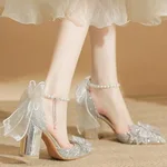 Bow Beaded Pointed Low-cut High Heels - Silver