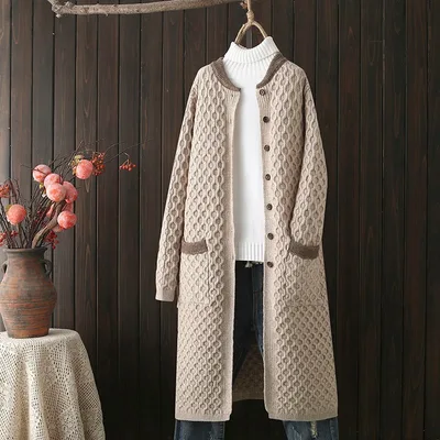 Thick Mid length Knitted Cardigan For Women Autumn And Winter Beige - Shop at LoveMi