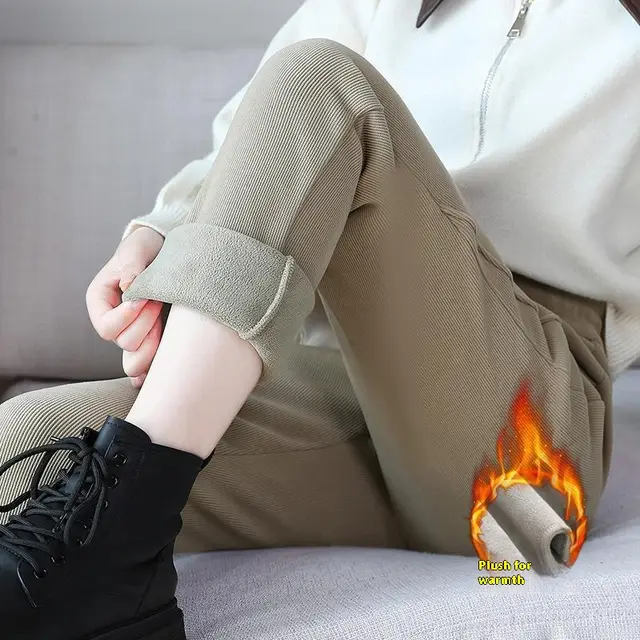 Velvet Padded Casual Pants Slimming And Fashionable High Waist Warm Trousers Khaki - Shop at LoveMi