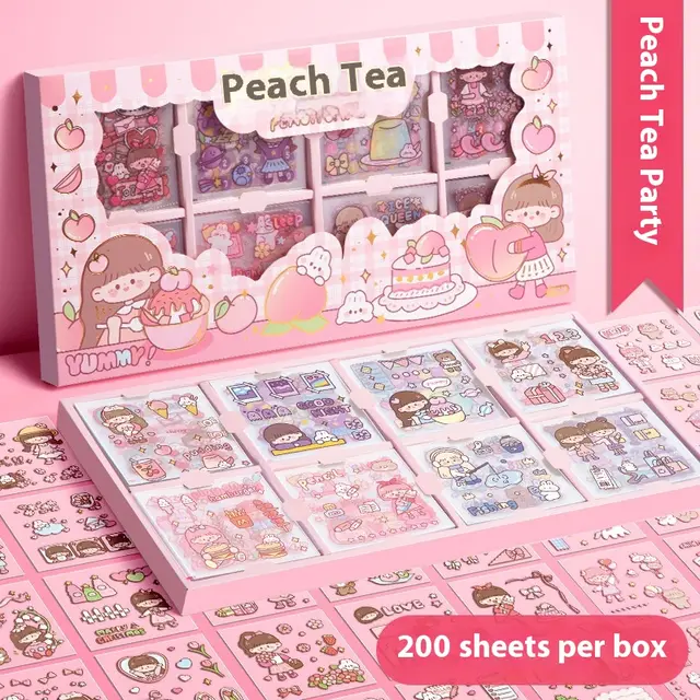 200 PET Tent Stickers With Seamless Waterproof Cartoon Design Peach Tea Party - Shop at LoveMi