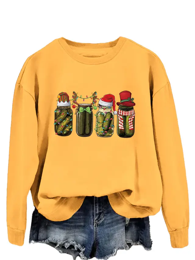 New Style Canned Cucumber Printed Pullover Sweatshirt Christmas Cool Long Sleeve Top Women's European And American Polyester Yellow - Shop at LoveMi