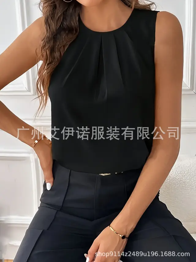 Sleeveless Button Versatile Simple Elegant Shirt Top Black - Shop at LoveMi