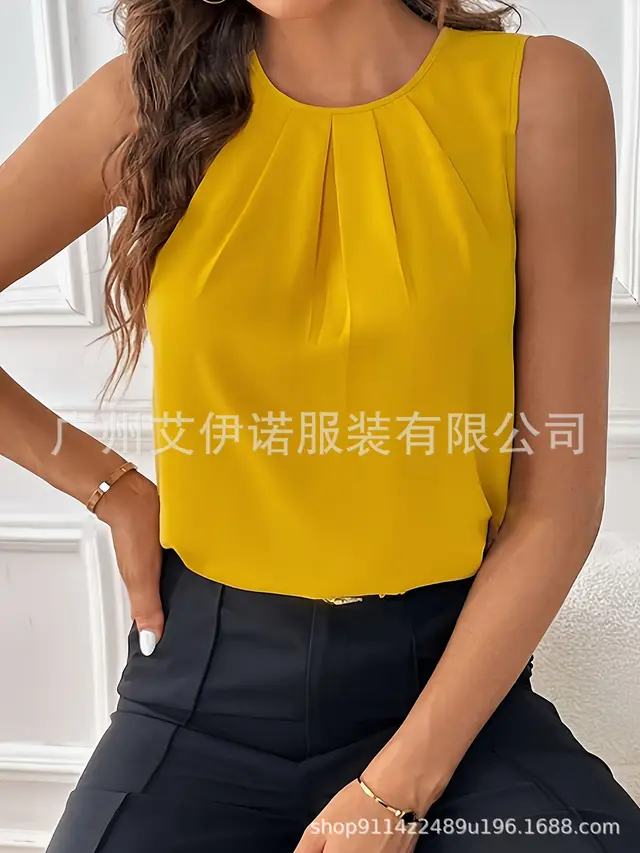 Sleeveless Button Versatile Simple Elegant Shirt Top Khaki - Shop at LoveMi
