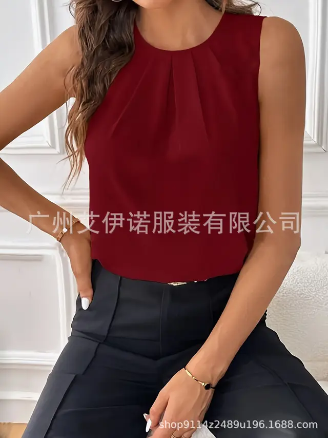 Sleeveless Button Versatile Simple Elegant Shirt Top Wine Red - Shop at LoveMi