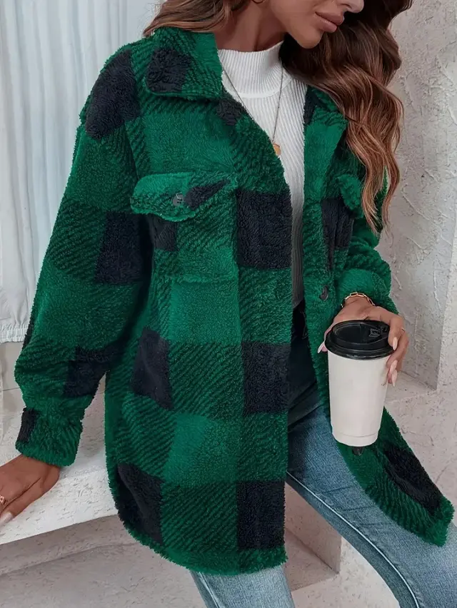 Plush Plaid Women's Autumn And Winter Open Button Lapel Thermal Plaid Pattern Jacket Green - Shop at LoveMi