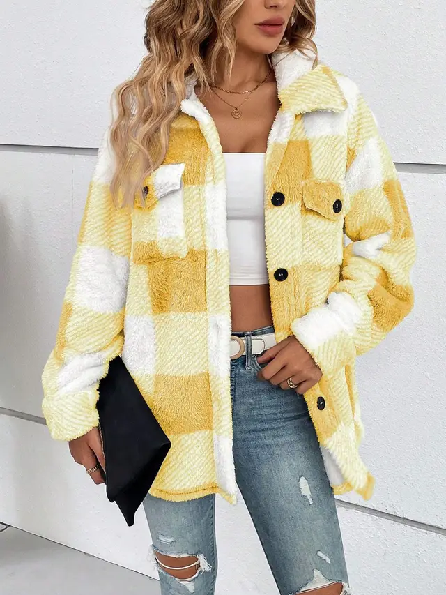 Plush Plaid Women's Autumn And Winter Open Button Lapel Thermal Plaid Pattern Jacket Yellow - Shop at LoveMi