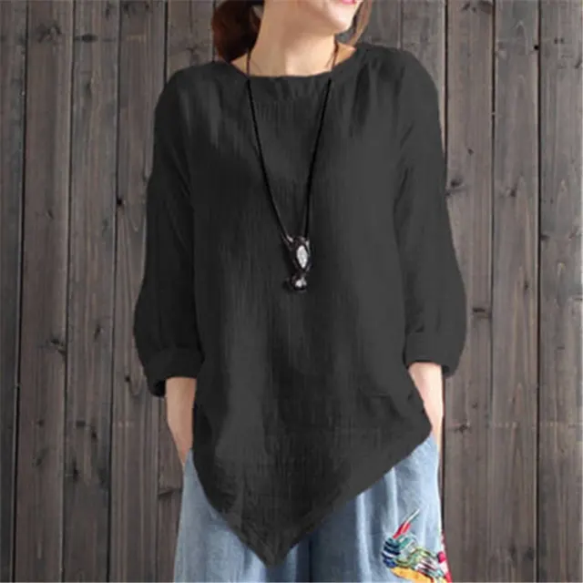 Autumn New Pure Color Artistic Irregular Hem Bottoming Cotton And Linen Top Black - Shop at LoveMi