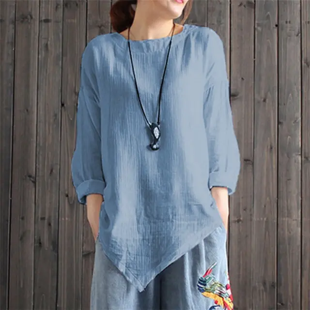 Autumn New Pure Color Artistic Irregular Hem Bottoming Cotton And Linen Top Light Blue - Shop at LoveMi