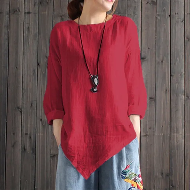 Autumn New Pure Color Artistic Irregular Hem Bottoming Cotton And Linen Top Red - Shop at LoveMi