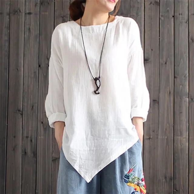 Autumn New Pure Color Artistic Irregular Hem Bottoming Cotton And Linen Top White - Shop at LoveMi