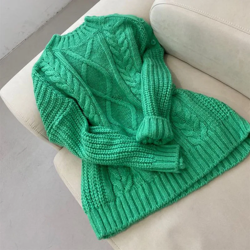 Side Button Hemp Pattern Design Loose Long Sleeve Knitted Sweater Green - Shop at LoveMi