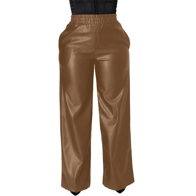 Solid Color Loose Wide Leg Pocket PU Leather Pants Brown - Shop at LoveMi