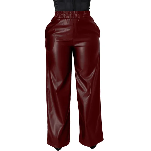 Solid Color Loose Wide Leg Pocket PU Leather Pants Wine Red - Shop at LoveMi