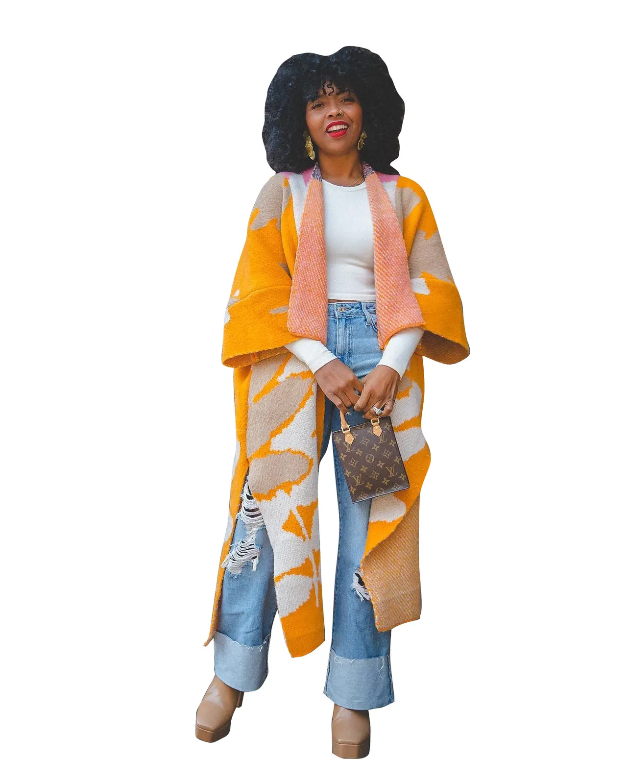 Color Contrast Striped Printed Loose Casual Cardigan Coat - Yellow