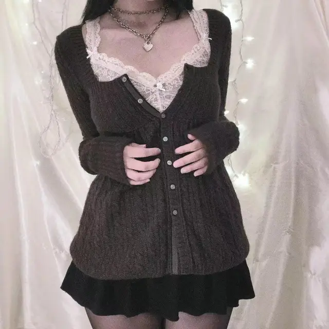 Lace Splicing Knitwear Female Fashion Tops Black - Shop at LoveMi