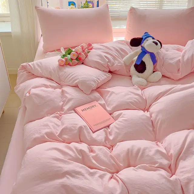 Class A Washed Cotton Four piece Set Pure Color Duvet Cover Sheets Pink - Shop at LoveMi
