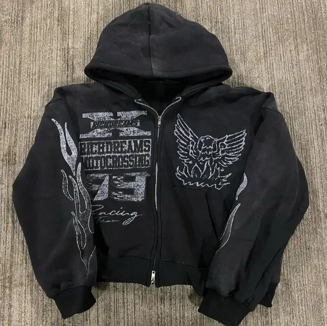Street Hip hop XINGX Printed Black Zipper Hooded Sweatshirt Women Black - Shop at LoveMi