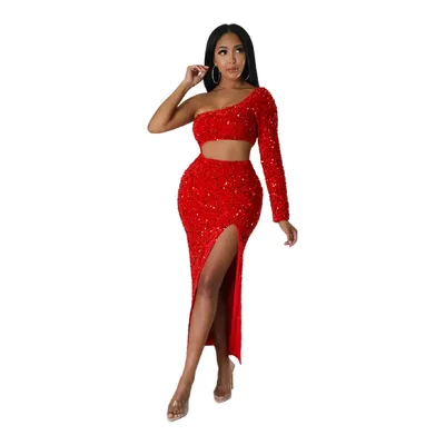 One shoulder Fashionable Sequins Sexy Navel Split Hip Women's Clothing Dress Red - Shop at LoveMi