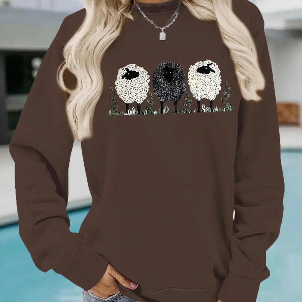 Casual Long-sleeved Round Neck Cashmere Printed Pullover Sweater - Brown