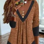 Casual V-neck Long Sleeve Loose Pullover Contrast Color Digital Printing T-shirt - Caramel Color