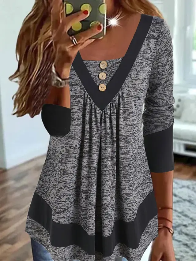 Casual V neck Long Sleeve Loose Pullover Contrast Color Digital Printing T shirt Gray - Shop at LoveMi