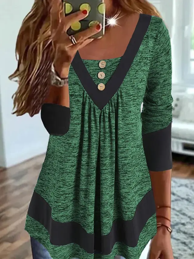 Casual V neck Long Sleeve Loose Pullover Contrast Color Digital Printing T shirt Green - Shop at LoveMi