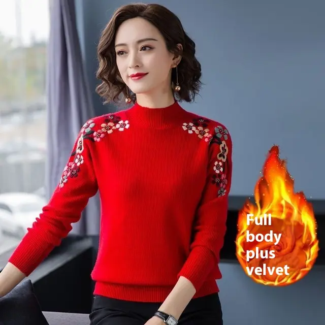 Popular Embroidery Women's New Loose High Collar Bottoming Shirt Red Add Velvet - Shop at LoveMi