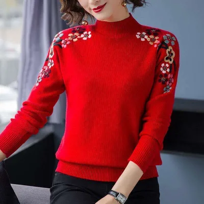 Popular Embroidery Women's New Loose High Collar Bottoming Shirt Red - Shop at LoveMi