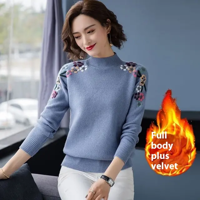 Popular Embroidery Women's New Loose High Collar Bottoming Shirt - Sea Blue Add Velvet