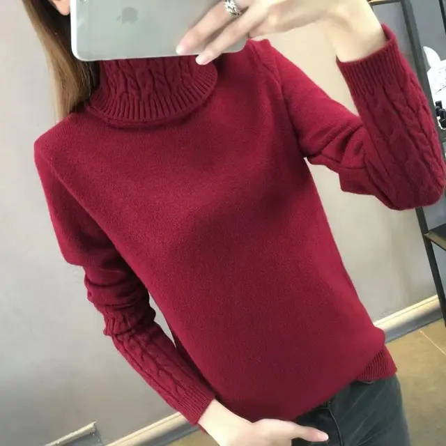 Women's Turtleneck Sweater Pullover Thickened Wine Red - Shop at LoveMi