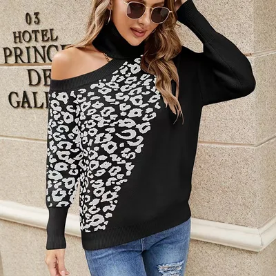 Leopard Print Stud For Autumn And Winter Women's Long sleeved Sweater Shoulder baring Sweater Black - Shop at LoveMi