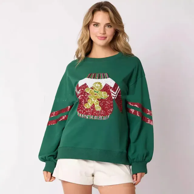 Women's Christmas Sequined Round Neck Top Casual Sweatshirt Green - Shop at LoveMi
