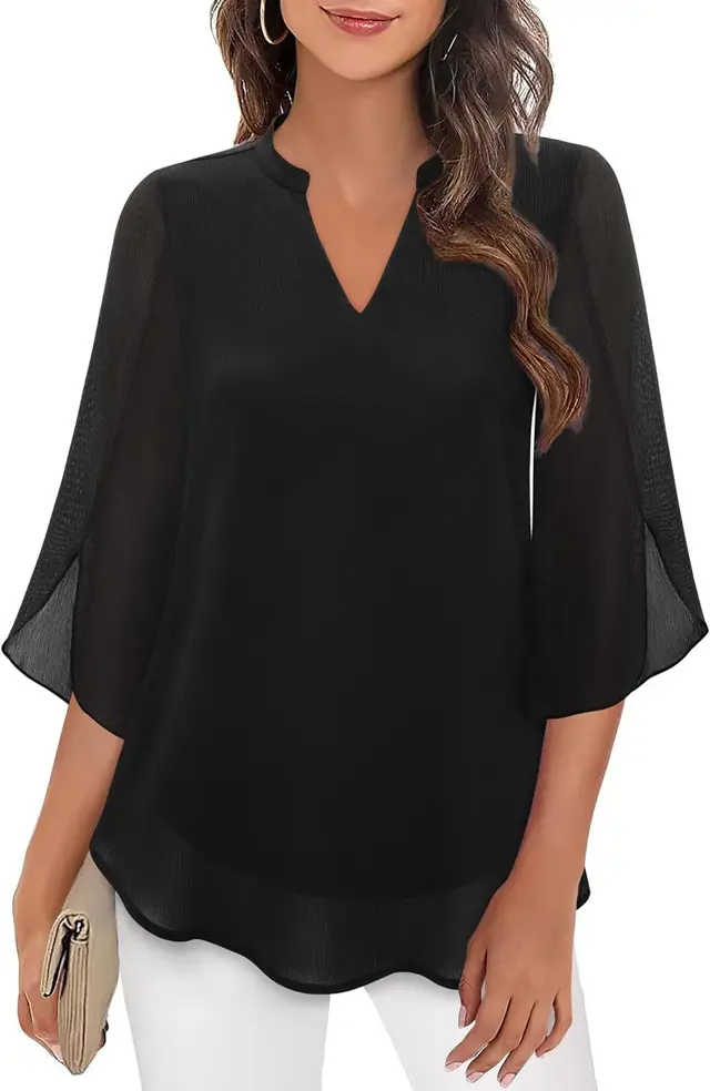 Women's Petal Sleeve Top Loose V neck Chiffon Shirt Black - Shop at LoveMi