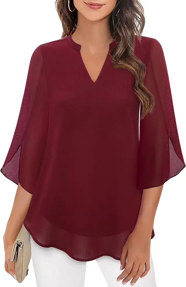 Women's Petal Sleeve Top Loose V neck Chiffon Shirt Brick Red - Shop at LoveMi