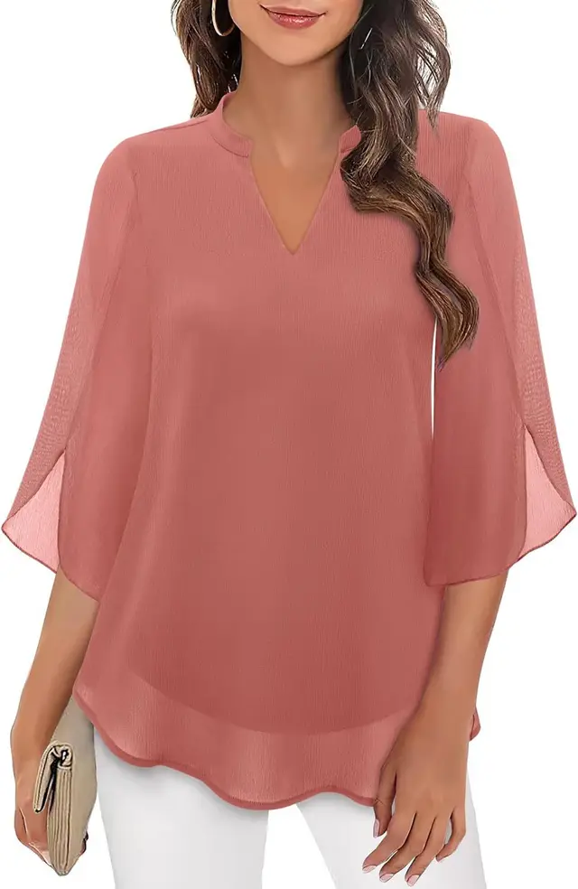 Women's Petal Sleeve Top Loose V neck Chiffon Shirt Peach - Shop at LoveMi