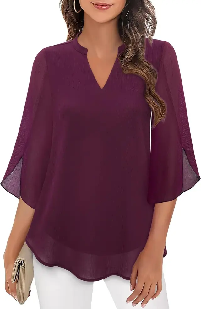 Women's Petal Sleeve Top Loose V neck Chiffon Shirt Wine Red - Shop at LoveMi
