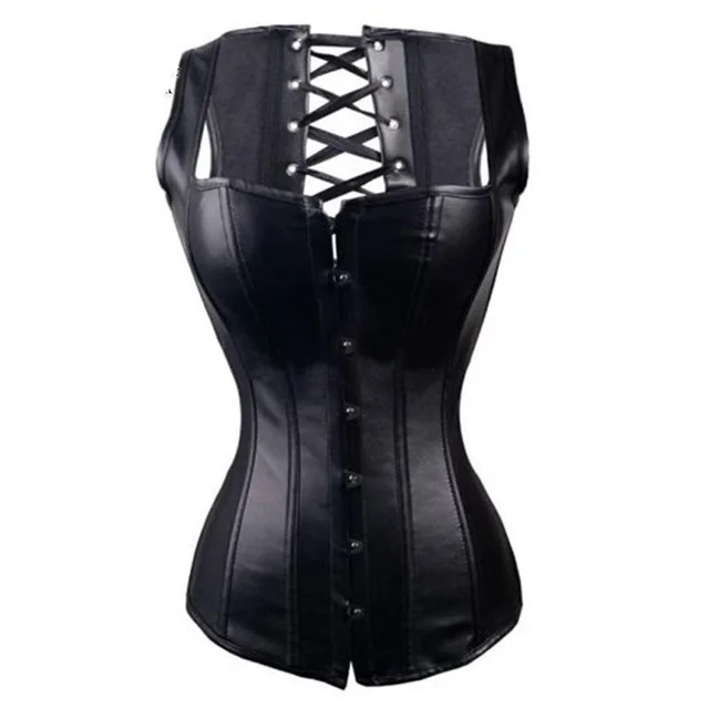 Leather Shoulder Strap Corset Body Hardware Steel Breasted Black - Shop at LoveMi