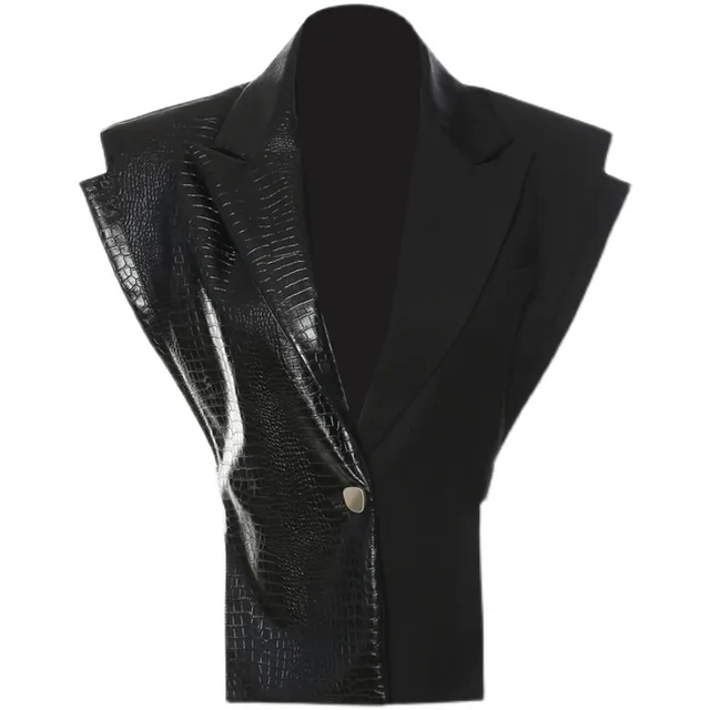 Black Vest Stitching Leather Personalized Cut Fashion Waist controlled Coat Black - Shop at LoveMi