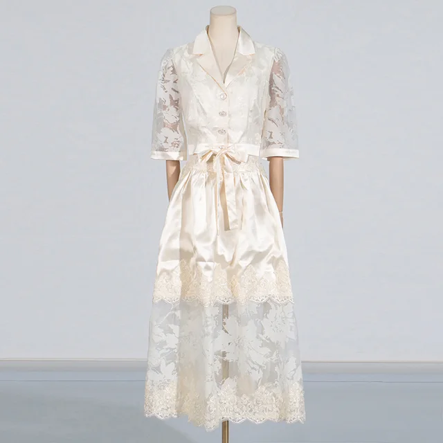 Lapel Embroidery Top High Waist Water Soluble Flower Mid length Dress Set Female Fashion Apricot - Shop at LoveMi